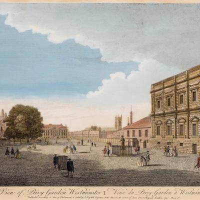CARRIAGES & SEDAN CHAIRS // Pehr Kalm (1716-1779) // Engraving, coloured; A View of Privy-Garden Westminster in 1751
