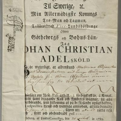 SWEDISH PASSPORT // Adam Afzelius (1750-1837), observation 29 April 1799 // Internal Swedish passport, Göteborg 20 October 1789.