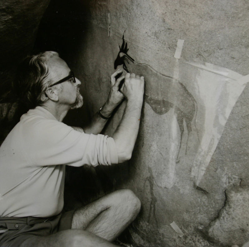 Jalmar tracing rock art in the Brandberg mountains - Namibia. Photo by Ione Rudner