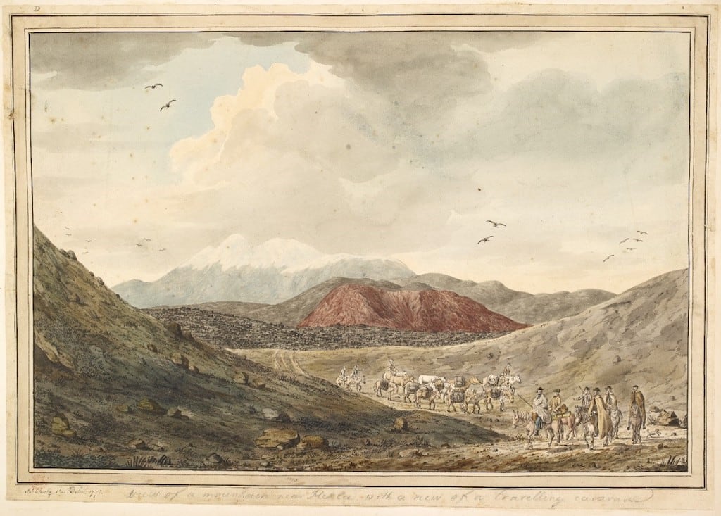The British Library BL Add MS. 15511, f.48. John Cleveley the Younger (1772), ‘View of a mountain, near Hekla with a view of a travelling caravan’. Personally, I believe Solander is the second man from the left on a horse. He was described as a short and stout man with small eyes, a jovial face and fair complexion. Although a careless dresser, he had a peculiar liking for bright waistcoats.