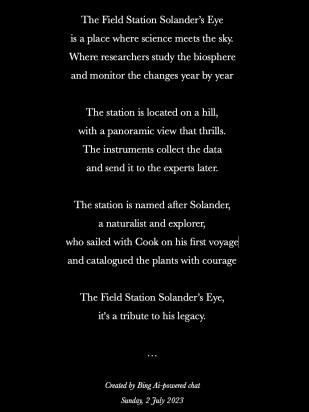 THE FIELD STATION SOLANDER’S EYE | Breiðamerkurjökull | The Glacier Lagoon, Iceland.  |  Sunday morning, a poem about Solander’s Eye. Created by Bing Ai-powered chat. An artistic start to using Ai in autonomous field stations, a project within THE FIELD STATION LAB.