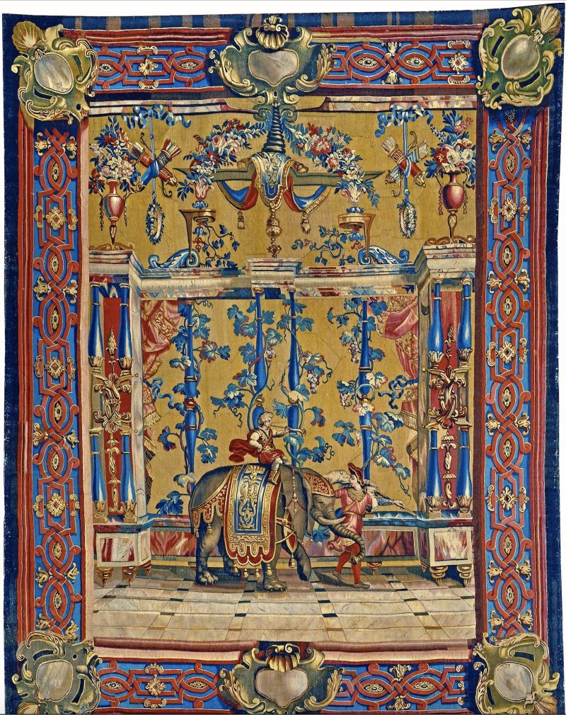 This is one of four French Beauvais manufactured tapestries acquired by the National museum in Stockholm during 2016 – named ‘The Elephant, from Grotesque de Berain’, woven circa 1696-99 of wool and silk in the size of 284 x 224 cm. The tapestry was originally ordered by Carl Piper and from preserved correspondence it is known that the group of four wallhangings were installed in the family’s grand property in the old town of Stockholm in 1699. During periods of the 18th century, these portable costly objects seem to have been in use at the Piper family’s manor houses situated in various provinces of the Swedish countryside (Courtesy of: Nationalmuseum, NMK 299A/2016.)