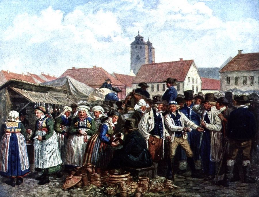 Market day in Lund, depicting farmers and their wives dressed in best clothes. Oil on canvas  by J.W. Wallander 1858 (Cederblom, G., Svenska folklivsbilder, fig 91, 1923).