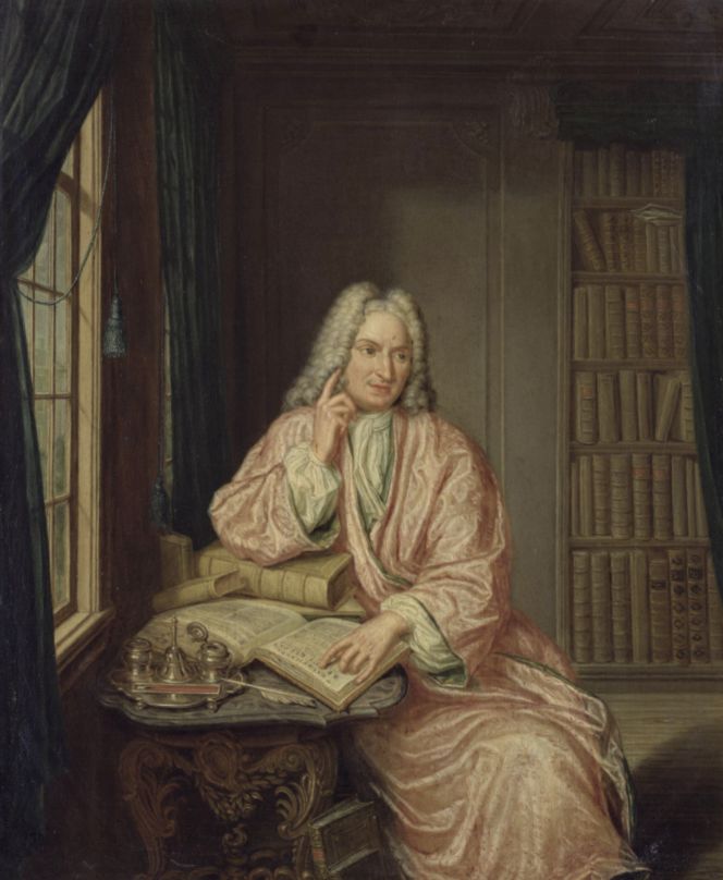 The Dutch merchants, historians, poets et al. were frequently portrayed in such a garment during the second half of the 17th century, whilst some continued to be so in the coming century, like in this portrait of the author Hendrik Snakenburg (1674-1750) circa 1716. His high standard of living was chosen to be illustrated in a domestic sphere, most probably set in his private library. The display of wealth is not only demonstrated via the many leather and parchment-bound volumes, a small marble table with a gilded foot by the window, an inkstand set of silver etc., but also his fine clothing. This is visible in his linen shirt and particular via a voluminous banyan, which seems to have been stitched from a shiny silk quality and judging by the green lining, it was padded with carded silk or cotton raw material to become warmer and more comfortable. | Oil on panel by Hieronymus van der Mij. (Courtesy: Museum de Lakenhal, Leiden, The Netherlands. No. S 331).