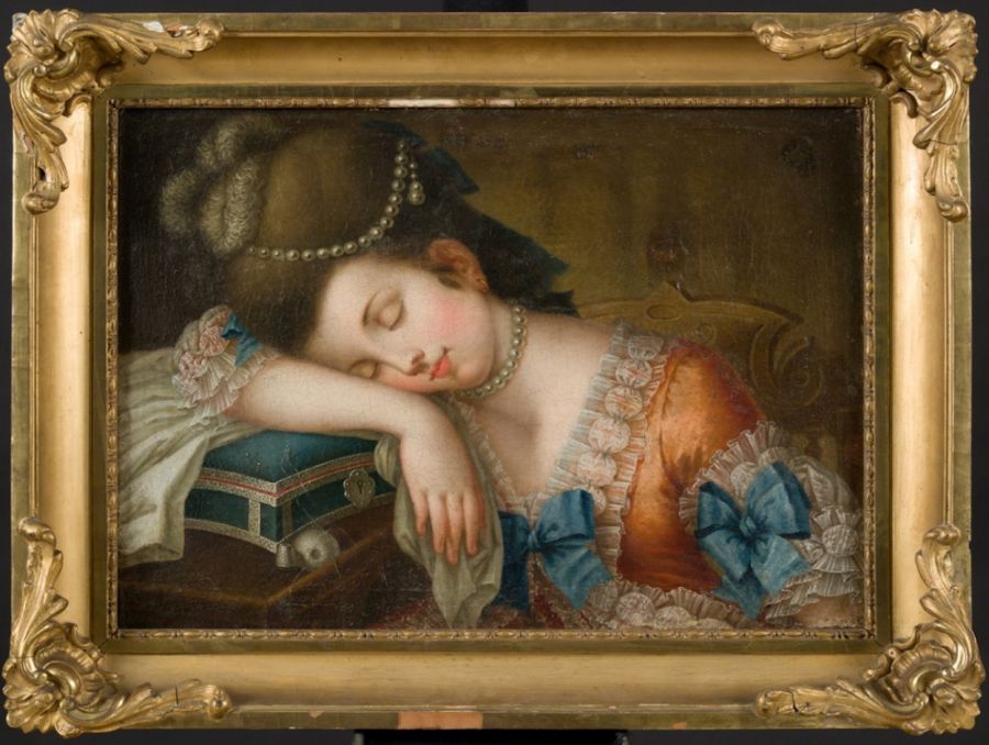 This somewhat later depiction of a woman by her portable work-box, reveals her seemingly relaxed attitude to textile craft and her great interest for the latest most exquisite fashion. Portable work-boxes may also have been the natural choice for many women of the nobility, as boxes of this type easily could be transported together with personal belongings (not included in inventory lists) when they travelled between the family’s manor houses. Oil on canvas by unknown artist ca 1770s-1780s. (Courtesy of: Nordic Museum, Stockholm Sweden. NM.0178153, Digitalt Museum).