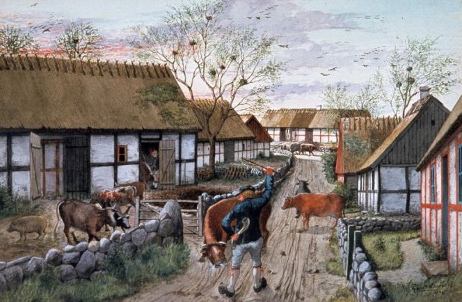 Unpartitioned village in south-eastern Skåne in early 19th-century. Water-colour  by F. Lindberg 1934. (Owner: Kulturen in Lund, Sweden. Photo: The IK Foundation, London).