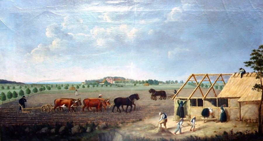 Building work and spring farming in East Wemmenhög in southern Skåne after the reform of partitioning. Many farms now became situated outside the villages in connection with the farming land, which gave each farmer fewer but larger pieces of land to work and therefore more efficient and economical. Oil on canvas by Carl Conrad Dahlberg 1866. (Owner: Malmö museums. Photo: The IK Foundation, London).