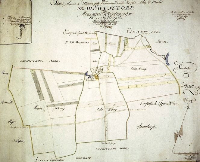 The map is illustrating a selected area of Svenstorp in Herrestad 1811, after the reform of partitioning.  One can clearly observe a change from the 1802 map – in the same jurisdictional district – where on the  contrary the farming land only consisted of narrow stripes. (Owner: Christinehof Archive, Map  collection. Photo: The IK Foundation, London).