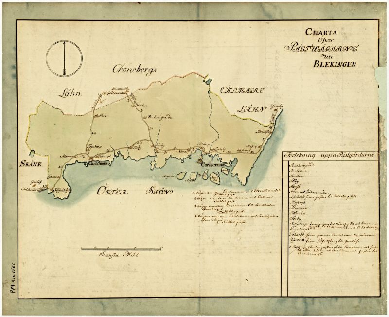 This postal map, dating to the 1750s, gives a good understanding of the geographical situation of the Blekinge province along the Baltic Sea. The largest city, ‘Carlscrona,’ to the east, had four districts divided into four similarly sized areas. From an easterly direction, Östra, Medelstad, Bräkne and Lister districts – of which the final district bordered the most southerly province, Skåne of Sweden. (Courtesy: Post Museum, Stockholm, Sweden. No: POST.044523. DigitaltMuseum)