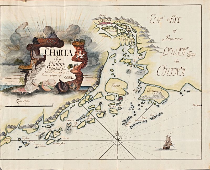 In a previous essay about Carl Fredrich von Schantz (1727-1792), who travelled on the same ship as Carl Johan Gethe, it was mentioned that one motivating factor for this effort to document in the text as well as the image may have been that these two young officers inspired each other. The rare circumstance that both documents – clean, copied diaries of their own hands with inserted watercolours bound in volumes from this particular East India voyage – have been preserved to this day makes it even more exciting and informative. Here, Gethe’s illustrated, folded ‘Map of the Archipelago of Canton’ was inserted as a final illustration in the diary. (Courtesy: Kungliga Biblioteket… Carl Johan Gethe’s journal. p. 213).