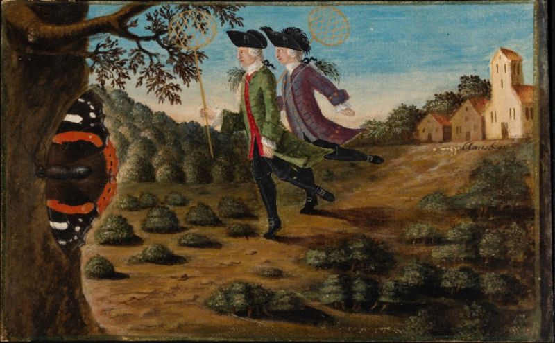 This illustration, taken from Peter Forsskål’s (1732-1763) autograph book, dated Göttingen 1755, represents the former Carl Linnaeus student Forsskål and his fellow student Frederik Seidelin (1733-1775), dressed entirely according to the European fashion of the time. Their coats had visible large pockets, which were helpful during botanical excursions for the two students of the University of Göttingen. Such a book was at times part of one’s personal belongings and could replace a letter of Introduction as the student’s teachers and others had already written some sentences in the book before the journey, studies abroad or a Grand Tour, etc. Forsskål also kept a second autograph book, used during the Royal Danish Expedition to Arabia, with names included from his time in Copenhagen [København] and later on. After his death, the book was retrieved by the sole survivor, Christian Niebuhr, and brought back to Denmark in 1767. (Courtesy: Det Kongelige Bibliotek [The Royal Library] København, Denmark).