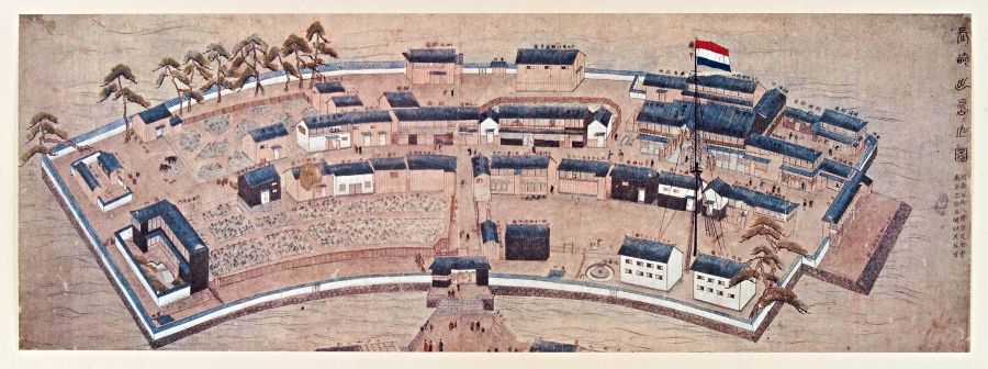 Island of Deshima/Dejima, Dutch East India Company, off Nagasaki – where the Linnaeus apostle and physician Carl Peter Thunberg (1743-1828) stayed during his time in the area during the 1770s. An undated 18th-century Japanese coloured drawing. (Courtesy: Wellcome Collection. Creative Commons).