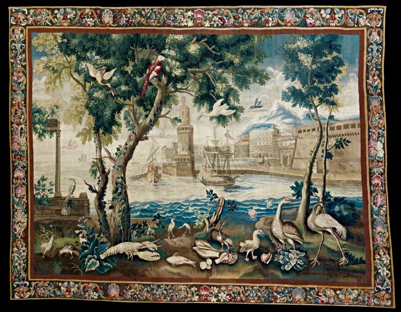 This ‘Les Ports de Mer’ tapestry in wool and silk dates to the late 17th- to early 18th century – a design initially inspired by the exotic animals at Versailles’ Menagerie. Whilst the original owner history of this particular wall hanging is unknown, it was woven at the Beauvais workshop by either Philippe Behagle or Noel Antoine de Merou after a design by Adrien Campion and Joseph van den Kerchove. (Sold at Sotheby's, London auction in 2020. Previous collection: S. Frances, London. Unknown present ownership. Picture in Public Domain).