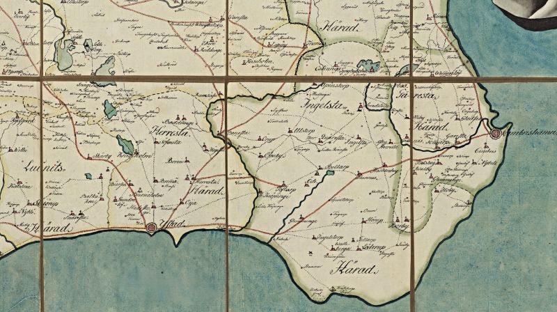 This map section of the eastern corner of Skåne province is contemporary with the discussed estate inventories, as the map had been improved in 1766 by the surveyor Johan Lorens Gillberg. The districts ‘Ingelsta’, ‘Herresta’, Gärresta’, ‘Albo’ and ‘Ljunits’ together with towns and villages are clearly marked – a geographical area where the knowledge of woollen- and linen weaving in a multitude of techniques was highly developed in the well-to-do farming communities. These skills were transferred from mother to daughter over the generations. (Courtesy: Uppsala University Library, Sweden. Alvin-record:98362. Part of the map, from a copy dated 1812. Public Domain).