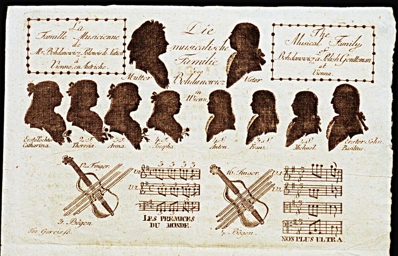 A well-preserved example of musical entertainment kept in the Piper Family Archive is this printed leaflet from the turn of the century 1800 (25 March), which gave information in German, French and English. The musicians presented themselves as ‘The Musical Family’ in a printed Theatre Nachricht (Theatre News) illustrated with the dark silhouette paper-cut portrait images of the mother, father, four daughters, four sons, their string instruments and notes. Additionally, the individual portraits give a glimpse into the consistency of the chosen male and female styles of upper garments and coiffures during the family’s performances. (Collection: Historical Archive… D/IX:17). Photo: The IK Foundation.
