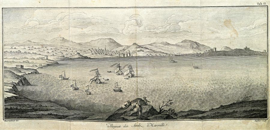 A prospect of Marseille, when the Royal Danish Expedition to Arabia visited the area from 13 May to 3 June in 1761, with the naturalist Peter Forsskål (1732-1763) as one of its six members. His travel journal reveals that: ’He [Professor Sauvage] showed me the Botanical Gardens, the only aspect of foreign pleasure or splendour that had the power to captivate me.’ However, this image from the participant and cartographer Carsten Niebuhr’s (1733-1815) journal, not only visualised the sheltered harbour with ships anchored in the road, but also other aspects of their experiences in the area. The focal point of the three depicted naturalists – most probably members of their expedition – were dressed entirely according to European fashion of the time: a coat with flared tails down to the knees, a somewhat shorter waistcoat underneath (not visible), white cuffs and collar, a hat, breeches and hose. Drawing, collecting and observing were essential parts of their instructions – in this case, plants were not in focus, but instead, the sand- and limestone mountainous rocks. (In the book: Niebuhr…1774. Vol. One. Tab. XII).