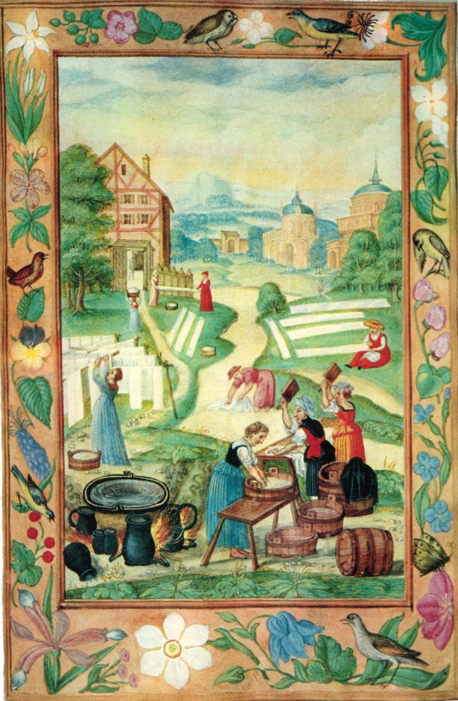 ‘The great washday’ from the alchemical handbook ‘Splendor Solis’, first published in Nürnberg in 1531, is a highly illustrative hand-coloured depiction. It shows a group of women working with laundry and linen bleaching. Even if not visible in the picture, access to water was essential, like from a river or lake; alternatively, rainwater could be collected in barrels. Water was boiled in a large outdoor iron or copper pan, wooden tubs were used for soaking linen, and two women vigorously beat the laundry with washing bats. The long, narrow linen sheets dry on wooden frames, while some linen is placed on the ground for bleaching. Notice the importance of guarding the linen – by the sitting lady – due to potential pigs running loose, small children playing, or theft of the valuable fabric. Uncertainty remains about the exact location of this community; it is believed to be near Augsburg in present-day southern Germany. The German lands, like northern France, the Low Countries, and several other European regions, gradually developed into significant flax-producing areas during the late Medieval period. (Image: Wikimedia).