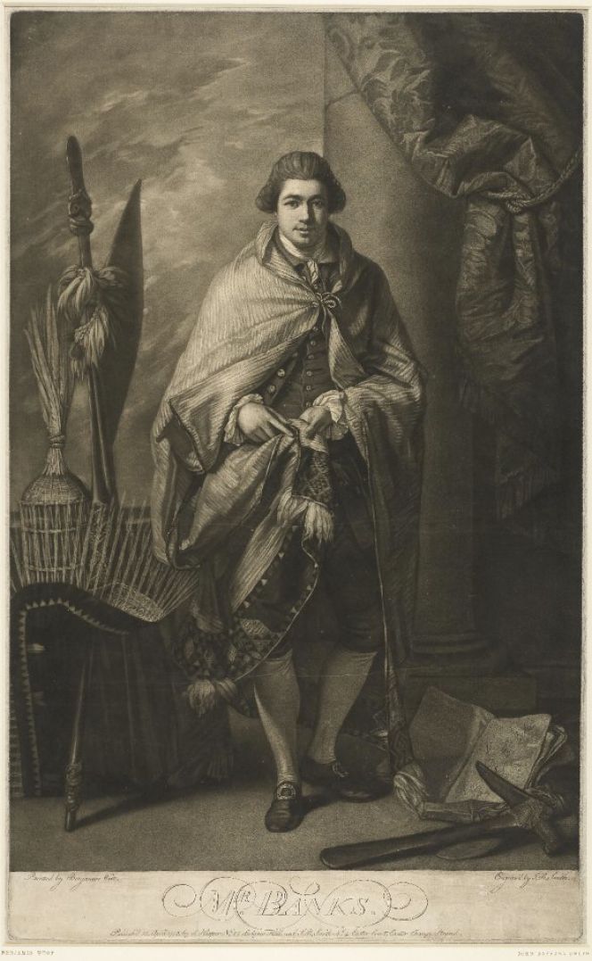 This portrait of Joseph Banks dated 1773 was made a few years after the return from James Cook’s first voyage – when Banks, Cook, Daniel Solander et al collected/bartered numerous items for everyday and festive uses during their stay in New Zealand. Banks wears a cape made of New Zealand flax fibre, along with botanical books, weapons and other implements from the voyage in 1768 to 1771. Probably due to demonstrate his successful scientific long-distance travel, supplemented with suitable attributes from far-flung countries. It may also be noted that all minute details of the cloak etc are more distinct in this mezzotint, than on the original oil on canvas from the same year. (Courtesy of: The British Museum, No: 1841,0809.150, Online Collection. Portrait after Benjamin West, Staley 586; Usher Gallery, Lincoln).