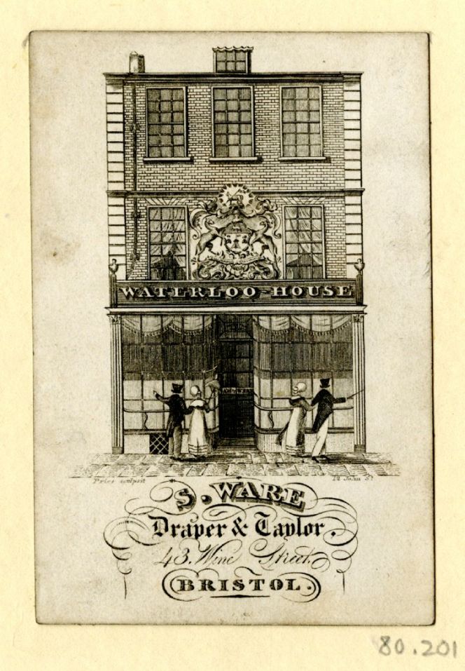From the late 18th century, some traders used impressive glassed shop windows as a main motif for their trade-cards and from the early 19th century suitable presumptive customers in fashionable clothes were often added. Like for example on this Bristol based Draper & Taylor from c. 1810s. Courtesy of: © Trustees of the British Museum, Banks Collection, no. 80.201 (Collection online).
