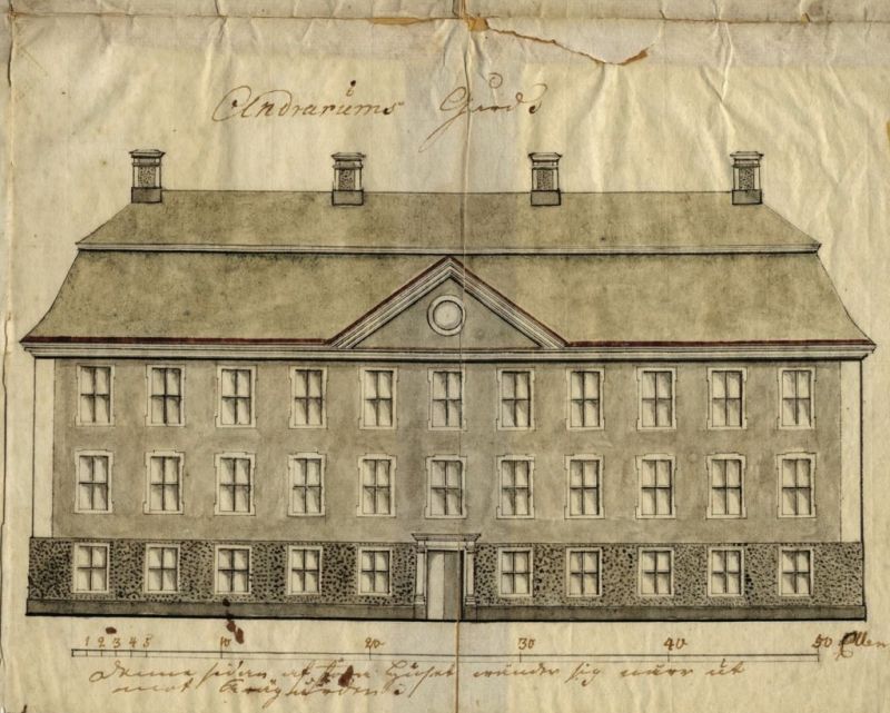 This original drawing shows the planned north facade of “Andrarums Gård’ in 1737, re-named Christinhof manor house after the death of Christina Piper (1673-1752) as a memory of her founding of the Piper family’s estate in tail. The drawing gives an idea of the large amount of windows for a three storey manor house with two wings, even if some minor details were changed before the building work started and up to it was finished in the autumn of 1741. A notation from the same time additionally gives a view of the original windows: ’Four window frames of oak: 48 smaller window frames of pine: glass squares of 12 glasses in every window frame’. Most windows were also added with indoor wooden-panelled shutters. However, at what time the present-day windows with six squares instead of 48 were altered is unknown, but most probably after the Inventory was written in 1758. (From: Mannerstråle…Anno 1741, 1991).  