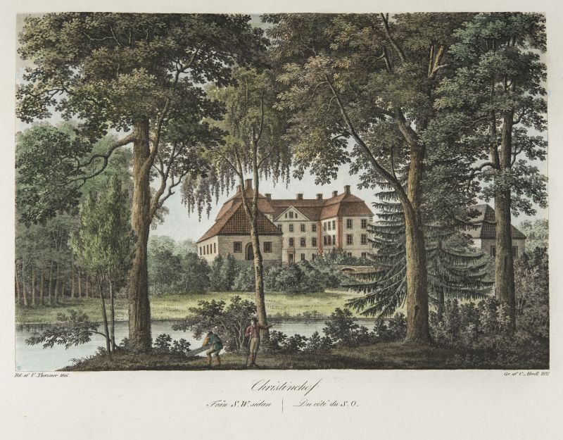 This hand coloured engraving of Christinehof manor house in southernmost Sweden in 1821, gives an interesting view of one of the Piper families’ manor houses and in what sort of country house milieu the family lived their lives over the generations. Despite the sizeable building on three floors built around 1740 for the Countess Christina Piper (1673-1752), this was a summer residence only, which is evident via various documents over the years kept in the present-day archive in the west wing of this house. A few objects linked to embroidery were also listed among the possessions of this house in the 1851 estate inventory. (Courtesy: Lund University Library, Sweden. alvin-record: 183385. Engraver: Carl Fredrik Akrell & illustrator Ulrik Thersner. Public Domain).