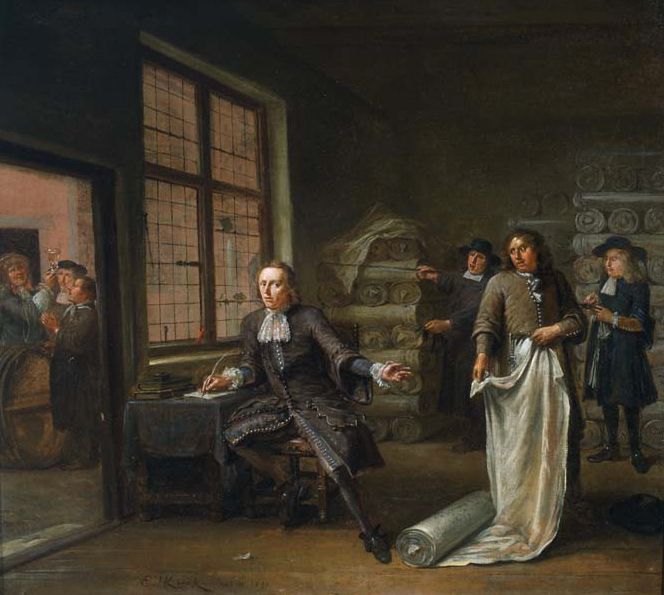  This oil on canvas by an unknown artist dated 1690 depicts a prosperous cloth merchant – judging by his clothes – which presents a unique view of the trading of linens or/and woollens as well as the storage of such goods. Two interested clients are considering their purchases of the fabrics for sale, whilst one man helped out with the measuring stick. Surprisingly the fabric was rolled out on the floor, one may have expected a somewhat more careful handling  of the valuable textile goods. The painting may be of Dutch origin. (Courtesy of: Museum of London, United Kingdom ID no: 96.120).