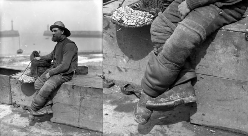 One of the most informative ways to study knitted stockings from the period 1880s to 1910s is via local photographs. This picture taken by the photographer Frank Meadow Sutcliffe in the last decade of the 19th century, depicts the fisherman Tom Langlands on Tate Hill Pier in Whitby – with his initials TL visible on the stocking. Fishermen often wore long knitted woollen stockings of this kind that reached far above the knee, on many contemporary photographs however, this garment is “hidden” under the boots due to that the upper part of the boots reached above the knees, when not folded down like on this picture. (Courtesy: Whitby Museum, Photographic Collection, Sutcliffe 19-15 & detail of picture/collage. (Whitby Lit. & Phil.)