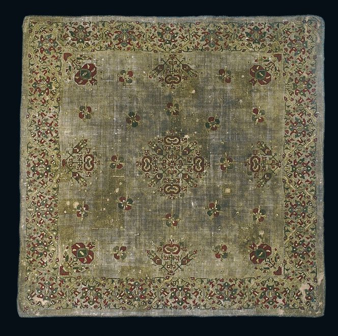  Chalice cloth with silk and metallic thread embroidery on linen, dating from the early 17th century. This linen fabric was originally white/unbleached and the silks brighter in colour, but despite washing with Marseille-soap and other conservation attempts by The Swedish National Heritage Board, it is still discoloured. Square: 51 cm x 51 cm. Photo: The IK Foundation, London.