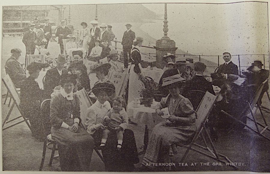 ‘Afternoon Tea at the Spa, Whitby’ with a view over the sea. Summer visitors featured in a Supplement to the Whitby Gazette on July 20th in 1906. (Whitby Museum, Library & Archive). Photo: Viveka Hansen.