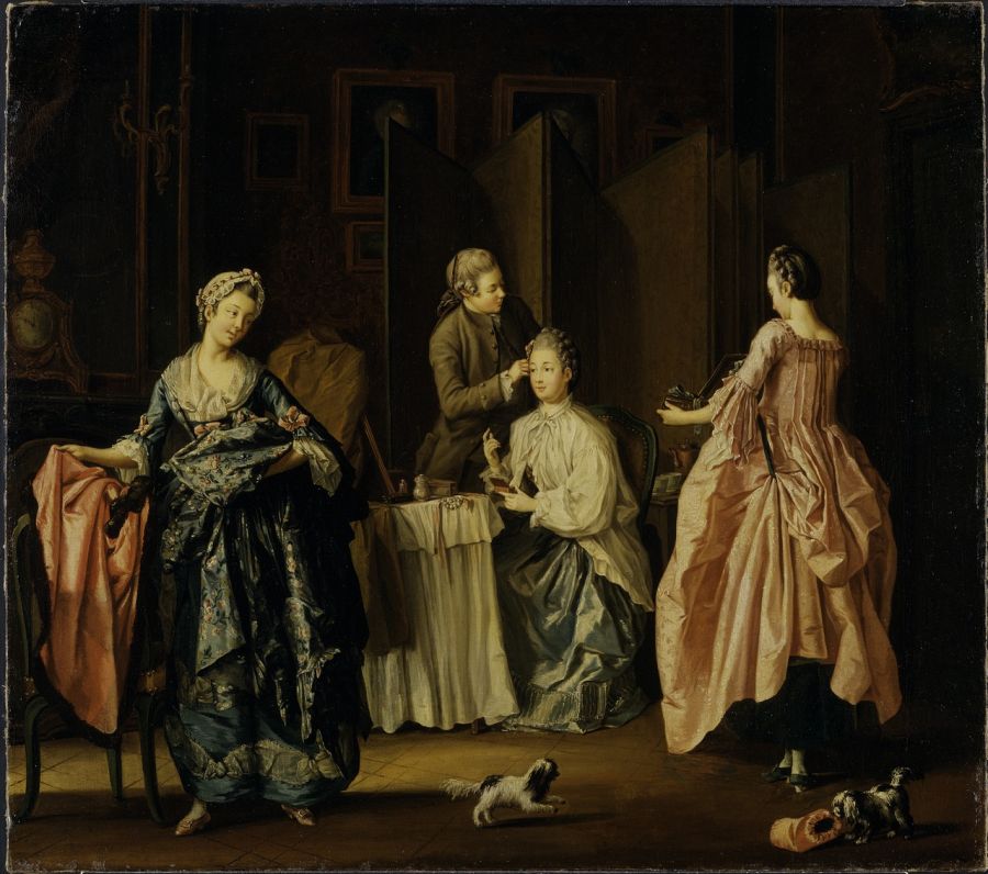 ‘The Morning Toilet. Boudoir Scene’ by Pehr Hilleström dating approximately from the 1760s, which gives a detailed view of nobility getting dressed in the morning. Maybe illustrating two sisters in their exquisite sack-back gowns, assisted by a male servant. The girl to the left in a white cap was possibly the lady’s maid, wearing one of the young ladies’ very fine discarded dresses. Notice the dark brown folding screen in the background, either used to get dressed behind or as a partition in the room. One such model with fewer panels was also mentioned in the inventory from Christinehof manor house in the Count’s Bedchamber, as ‘1 green folding screen with two panels’. (Courtesy of: National Museum, Sweden. NM 1149, Wikimedia Commons).