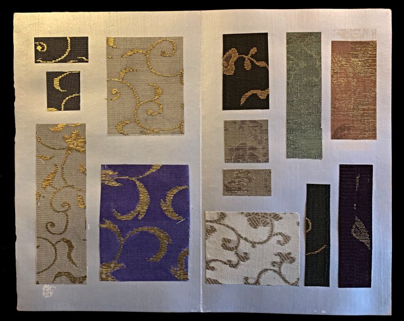 This is one of the double pages in a sample catalogue, where most fine silk qualities include metallic thread in the form of gold leaf. Using gold significantly increases the material cost and the complexity of the weaving. All the samples on the left-hand page were woven in gauze, a transparent plain weave, allowing for the creation of ornamental floating figures with metallic paper strips in the weft—a technique known as weft-dependent. The samples on the right-hand side have a similar design, with the only difference being a ribbed-structured ground. (Collection: Design Museum Denmark, København. | The Library. Sample Book: I19072 Ø004). Photo: Viveka Hansen, The IK Foundation.