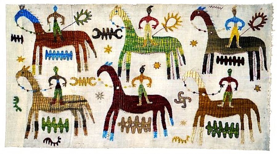 South Dargin region, Daghestan. 18th century or earlier. “Horses in two Rows”. Silk embroidery on cotton, 93 x 56 cm. Courtesy of: Textile Art Publications (TAP), London.