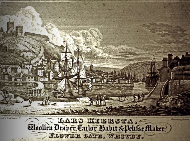 This letter heading for “Lars Kiersta Woollen Draper, Tailor Habit & Pelisse Maker Flower Gate, Whitby”gives a glimpse of the coastal town in the 1820s. The draper described also himself as “Pelisse Maker”, that is to say a woollen draper who handled fur coats or cloaks sewn from fur or with fur edging. Just as for many businesses – predating the local paper as well as censuses – any details about their apprentices over the years are often unknown. (Courtesy: Whitby Museum, Library & Archive).