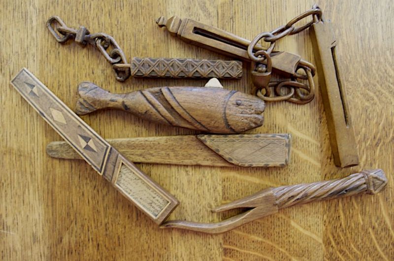 A selection of knitting sheaths – all in personalised designs (Whitby Museum, Social History Collection). Photo: Viveka Hansen.