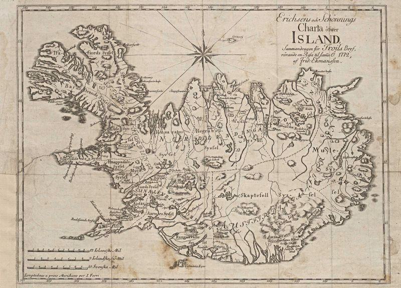 The large-size foldable Iceland map, included in Uno von Troil’s Swedish edition of his travel journal ‘Bref rörande en resa till Island’, published in 1777. (Illustration: Troil, Uno von, Bref rörande en resa till Island. Uppsala 1777, p. 1).