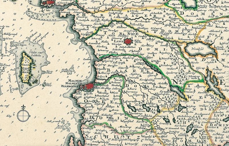  Part of 17th century map including Malmö [Ellebogen], situated by the Öresund. Undated map of Skåne, printed in Amsterdam. (Private ownership).