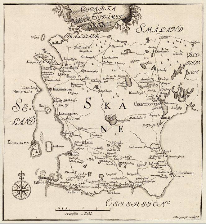 The province of Skåne in southernmost Sweden, dating from a decade prior to the 1758 Inventory. In the right-hand corner of this map, ‘Andrarum’ is clearly visible. A place-name which referred to Andrarum manor house [and alum works/village], later re-named Christinehof manor house after the death of Christina Piper (1673-1752), like a token of gratitude for her foundation of the Piper Family estate in tail. (Map from: Linnaeus, Carl…1749). 