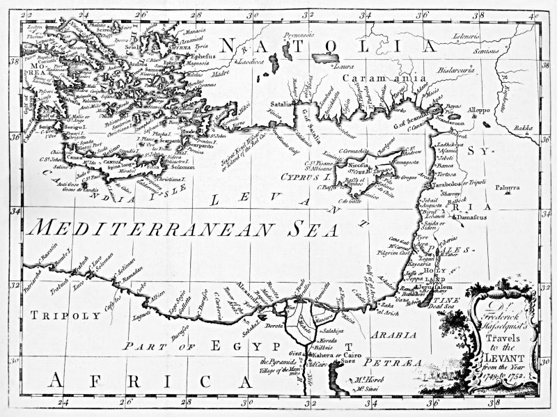 Mid-18th century map centred around places visited by the cartographer Carsten Niebuhr during his travel in 1766 – Jaffa, Jerusalem, Aleppo, Damascus, Cyprus etc. This particular map was included in the Swedish naturalist Fredrik Hasselquist’s travel journal, when he visited the same geographical area some years earlier, 1749 to 1752 (From: Hasselquist, F., Voyages and Travels in the Levant. In the years 1749, 50, 51, 52, London 1766).  
