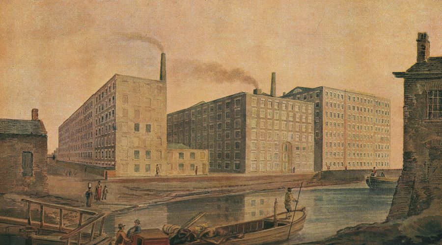 One of several steam-powered cotton mills in Ancoats, Manchester, conveniently situated by the canal for transport of goods. McConnel & Company's mills, about 1820. Drawn in 1913 from an old water-colour drawing of the period (Wikimedia Commons).