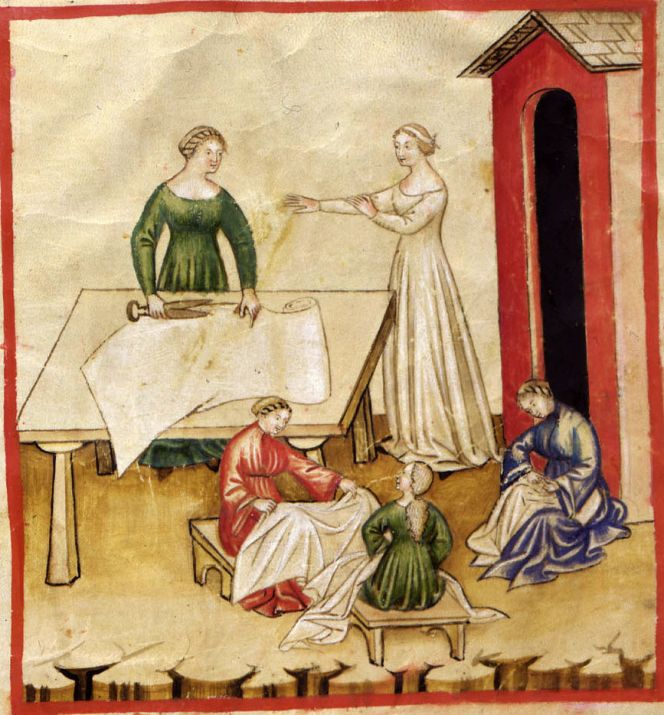 This painting – from the 14th century Italy – gives plenty of parallels to cutting, sewing and  wearing of linen cloth in the Nordic area. One of many depictions from the Medieval handbook  Tacuinum sanitatis (Courtesy of: Wikimedia Commons).