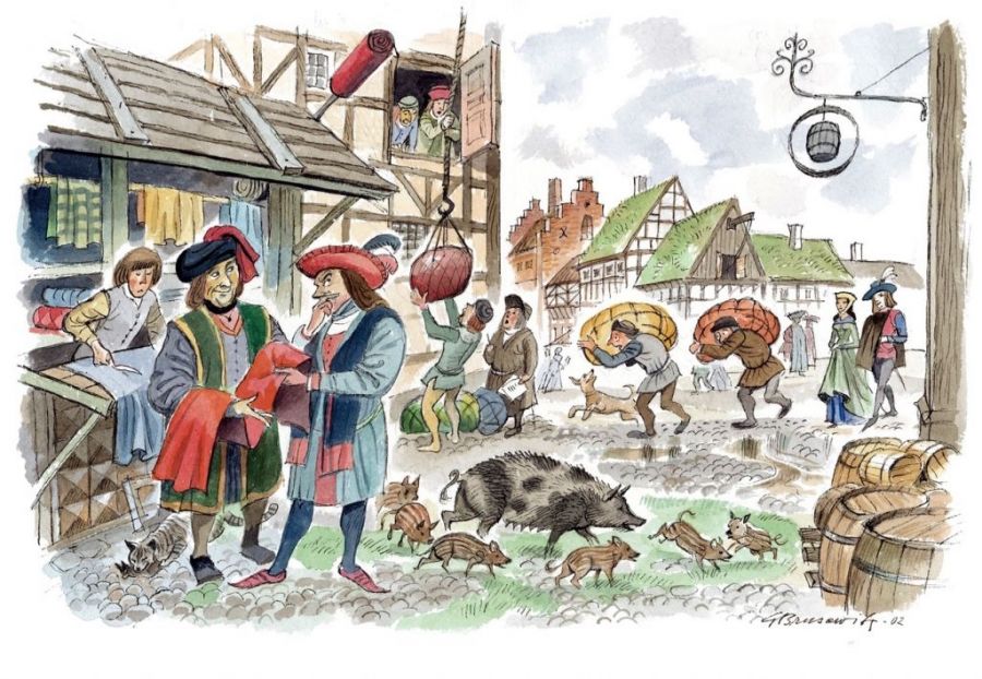 A lovely artistic impression of how the coastal town Malmö, its cloth trade and daily life could have appeared  in late Medieval time. Illustration: Gunnar Brusewitz in 2000.