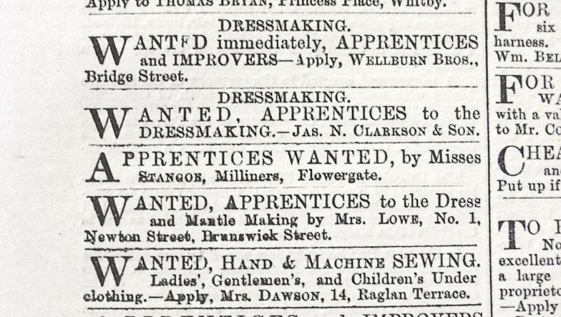 The Misses Stangoe needed apprentices for their millinery business in the spring of 1880 – notice in  Whitby Gazette (Whitby Museum, The Library). Photo: Viveka Hansen.