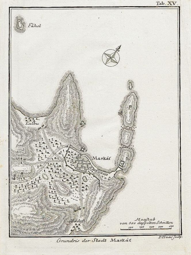 When travelling from India to Muscat on the southeastern coast of the Arabian Peninsula, Carsten Niebuhr on the 2nd and 3rd of January in 1765 added some notes about his own clothes in the travel journal. ‘We often had storm and rain, and due to that I lacked winter clothes (I had once again started to use European clothing in Bombay [today Mumbai]), I was very sensitive to the cold weather. In the afternoon we had a good wind, so we finally reached the harbour in Muscat on 3rd January’. This map of Muscat – included in his journal – clearly demonstrates the sheltered position of the old trading town. (From: Niebuhr…1778. Vol. Two. Tab. XV).