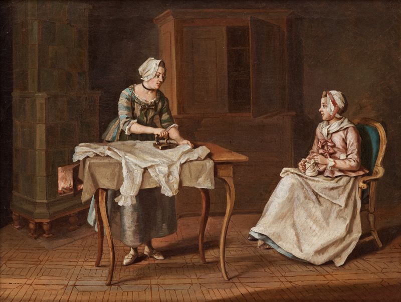This interior of a manor house illustrates two young female servants, circa 1775, which gives a detailed understanding of everyday tasks like ironing a linen shirt as well as knitting. For this case study, the knitting in the round with four needles is of particular interest. The seated woman appears to work on a single coloured white coarse wool sock, a type which was preferred for best durability, lowest cost due to that it was un-dyed and uncomplicated to knit in one colour only. Just as today, socks easily became worn out and either had to be renewed or at least the heel-foot-toe part to be re-knit. To my knowledge however, no such socks of an ordinary model, which evidently originate from the 18th century have been preserved up to the present time. (Oil on canvas by the artist Pehr Hilleström (1832-1816) at Näs manor house, province of Upland. (Sold by Bukowskis Classical auction 589, unknown ownership).