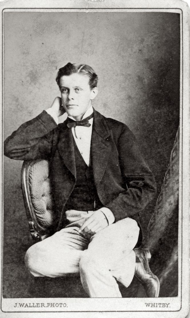 A young man portrayed by J. Waller ‘Miniature painter & Photographer Pier Portrait Rooms Whitby’ during the 1870s. The main new development in male fashion at the time was a shorter jacket, while trousers made of different material which contrasted with the dark upper garment had already been common place for at least ten years. The colourful waistcoats with a variety of woven or printed motifs of the 1840s-1860s also became less popular during the last decades of the 19th century. (Courtesy of: Whitby Museum, Photographic Collection).