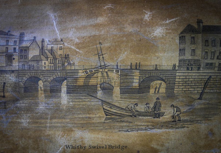One of the illustrations in ‘Francis Pickernell’s plan of the Town and Harbour of Whitby 1841’, shows fishermen in sweaters, waistcoats and jackets by the water’s edge, even if the main focus is the rather newly built bridge. Though it should be remembered that the people illustrated in old landscapes or town street scenes are often standardised – or even beautified – to demonstrate the clothes worn by a variety of social classes and occupations. (Whitby Museum, Map Collection). Photo: Viveka Hansen.