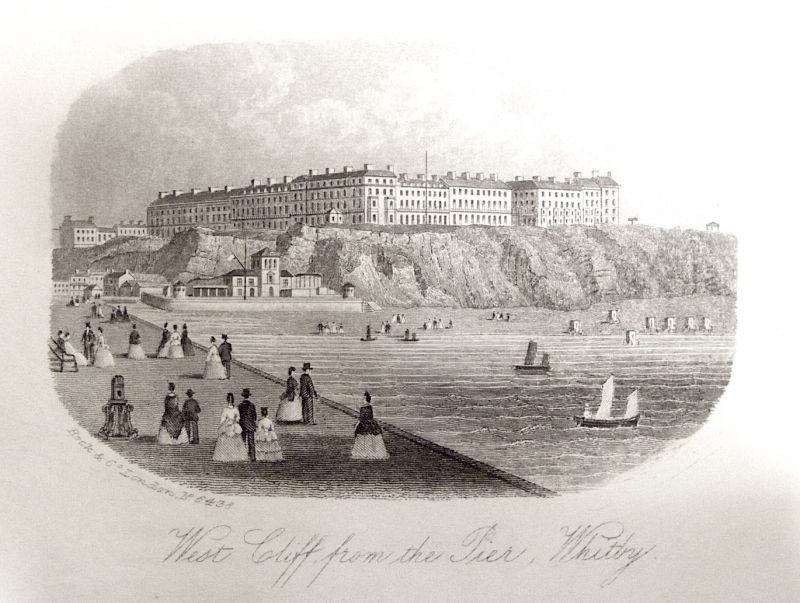 Even if reporting on fashion not appeared in the Whitby Gazette until the 1870s, though as early as 1855 an appreciable amount of the paper’s content was devoted to advertising and information on local facilities and goods, including a good deal about material, clothes, home furnishing and other textile services. Fashionable visitors or local inhabitants were also often visible in local prints – like this 1860s view of ‘West Cliff from the Pier, Whitby’. (Courtesy of: Whitby Museum, Library & Archive, Plans and Views of Whitby 769.942.74). 