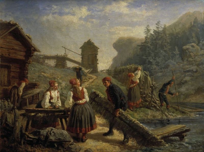 This somewhat later and romanticised depiction – mid-19th century – of flax handling in Delsbo parish, Dalarna province in Sweden, gives an idea of such tasks for women and men alike. Tools and practices were very similar in the previous century. The retting in water, with flax sheaves tightly packed and attached to an adapted frame is particularly enlightening. Other works displayed were drying the flax sheaves on a fence, breaking the flax fibres, heckling etc. | Oil on canvas by Joseph Wilhelm Wallander (1821-1888). (Courtesy: The Nordic Museum, NMA.0035036).