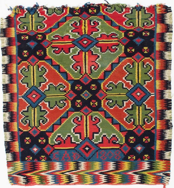  This design with its zigzag border woven in double interlocked tapestry (rölakan) – is a rare combination of motifs from Torna district in the Skåne province. During my research of this Swedish tapestry type (1984-1991), a few cushions only were similar in style even if no two were identical. However, at some moment in time this carriage cushion or bench cover was cut/reduced in size, but the initials and year ‘EAD 1808’ [D = dotter/daughter] give some clues to its history. The complex tapestry was handwoven with naturally dyed wool on linen warp during the year 1808, probably by the young woman herself prior to her wedding or by her mother or other female relative. (Courtesy of: Stiftelsen Skånsk Hemslöjd, Hemslöjden Collections. MSSH-0060. Digitalt Museum).