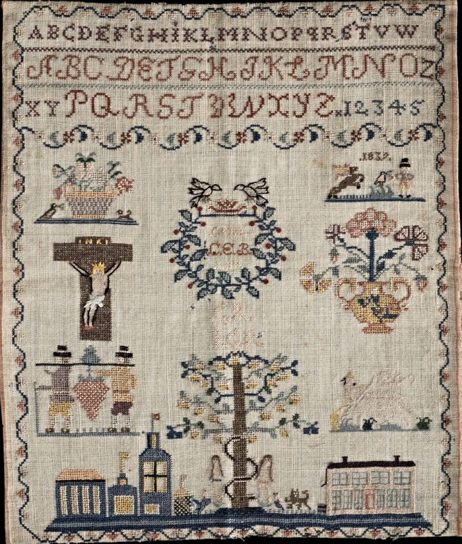 A well-preserved sampler, embroidered on plain-woven woollen fabric (14 threads/cm) with natural dyed silk threads of many colours. The unknown embroiderer’s initials ‘C.E.B’ was placed within a wreath with opposite standing birds, the year ‘1839’ is likely to be the year it was finalised. Religious motifs were combined with flower baskets, buildings, alphabets etc in a frame shaped like a creeper with flowers. On this example, as well as on many other Swedish samplers, it may be noted that the alphabet ends on ‘Z’. Maybe the international influence on such embroideries, contributed to that the Swedish letters Å, Ä and Ö at the end of the alphabet were excluded. Furthermore, this particular embroidery must have been complex as well as time-consuming to make, which indicate that the girl probably was at least 12 to 14 years of age. In the main she used cross stitch with additional effects of petit points, satin stitch and hemstitch. This is one of several hundred samplers kept at the Nordic Museum – chosen to exemplify a typical 19th century design which also is quite similar in style to my reconstruction, illustrated below. (Courtesy: The Nordic Museum, Stockholm. NM.0134065.1. Digitalt Museum).